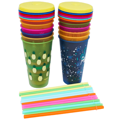 Set 12 pahare reutilizabile cu capac si pai, schimbare culoare